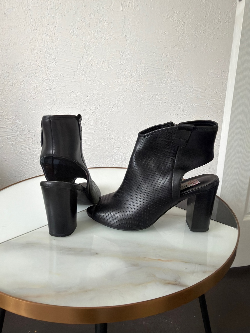 Black Open-Back Peep-Toe Block Heel Booties